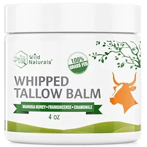 Wild Naturals Whipped Tallow Balm, 100% Grass Fed Beef Tallow and Honey Balm for Face and Body, Unscented Face Moisturizer, Anti-Aging and Dry Skin Relief, Non-Greasy, All-Natural, 4oz