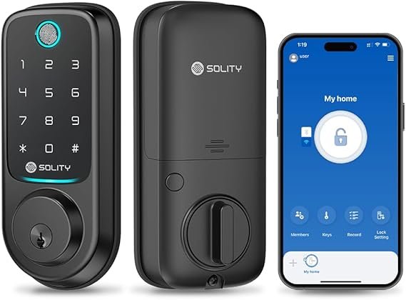 Solity No-Hub Smart Digital Door Lock, 5 in 1 Keyless Entry, Fingerprint, Wi-Fi, Remote Control