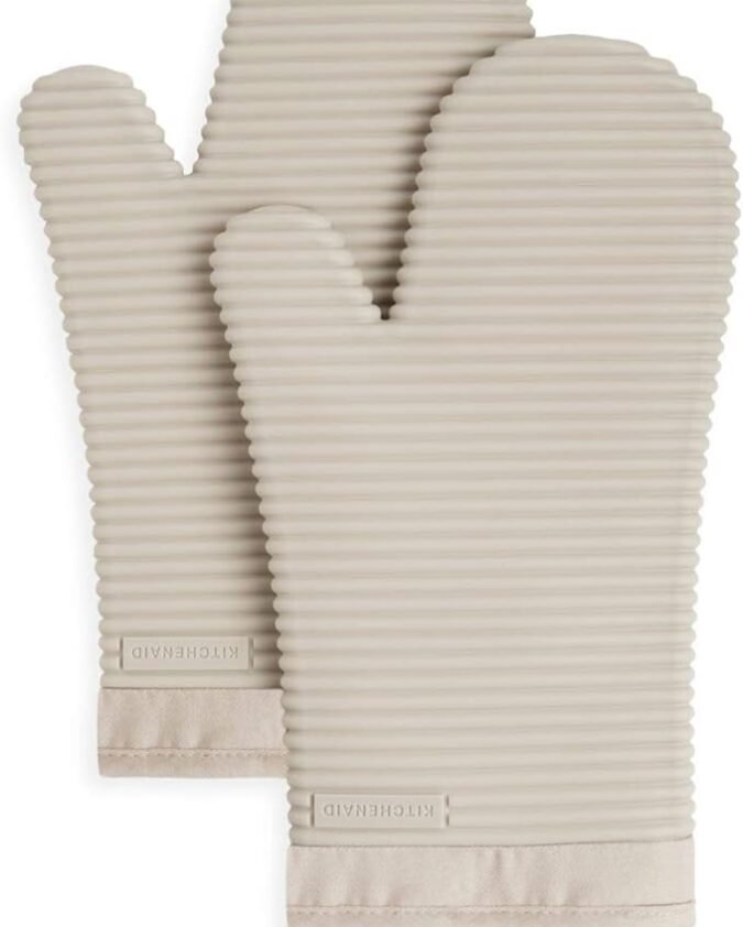 KitchenAid Ribbed Soft Silicone Oven Mitt Set, 7"x13", Milkshake 2 Count