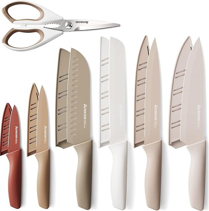 Astercook Knife Set, 13 Pieces Kitchen Knives Set with Healthy Anti-Rust Coating, Dishwasher Safe
