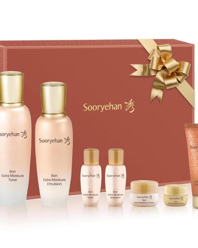 Sooryehan Bon Extra Moisture Korean Skin Care Gift Set (13.01 Fl Oz) - Luxury Premium High-end by LG Beauty. Hydrating Toner, Emulsion Lotion, Cleansing Foam, Eye Cream.