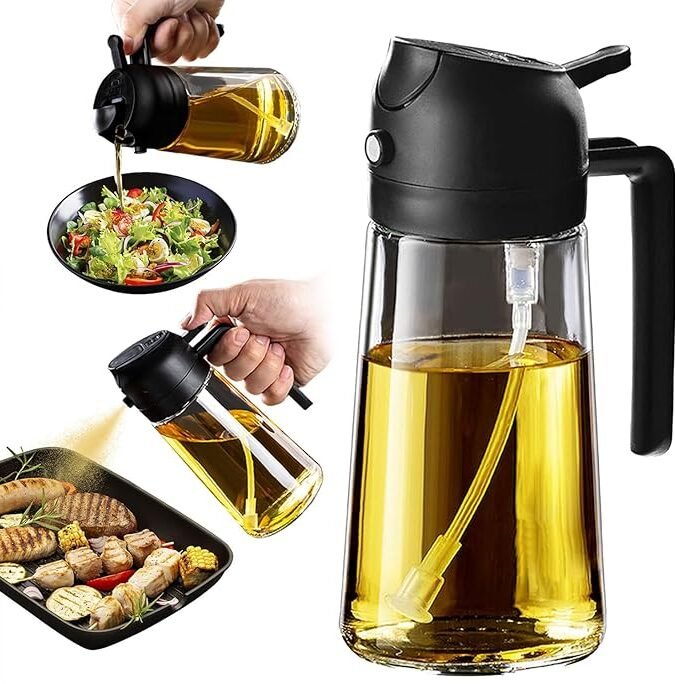 TrendPlain 16oz/470ml Glass Olive Oil Sprayer for Cooking - 2 in 1 Olive Oil Dispenser for Kitchen Gadgets