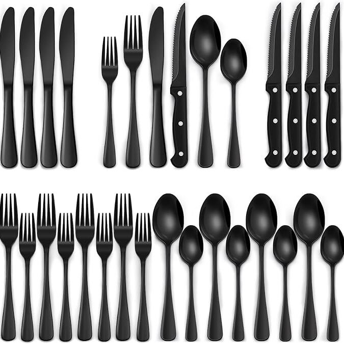 24-Piece Black Silverware Set with Steak Knives, Black Flatware Set for 4, Food-Grade Stainless Steel