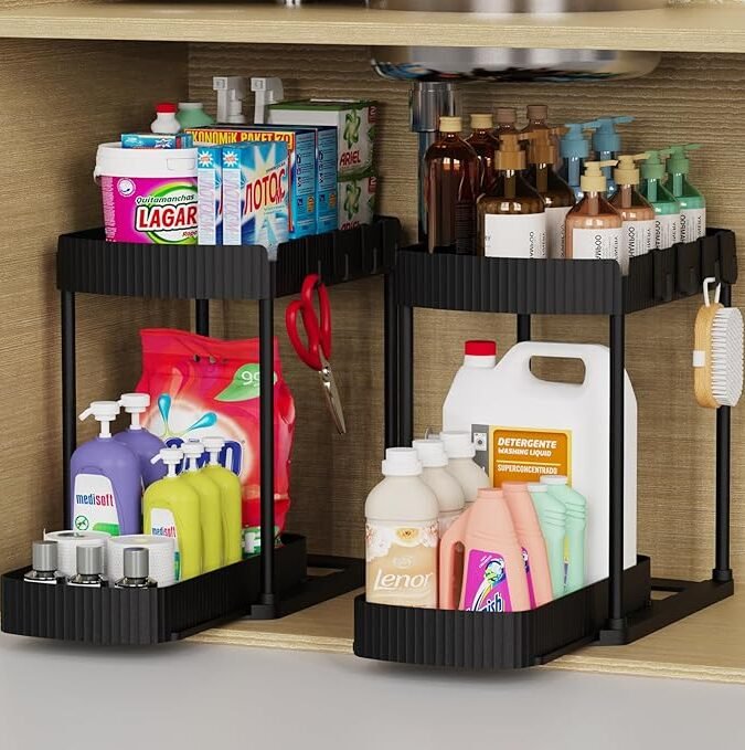 2 Pack Multi-Purpose Pull-Out Storage Organizers, Under Sink Organizers and Storage for Bathroom & Kitchen