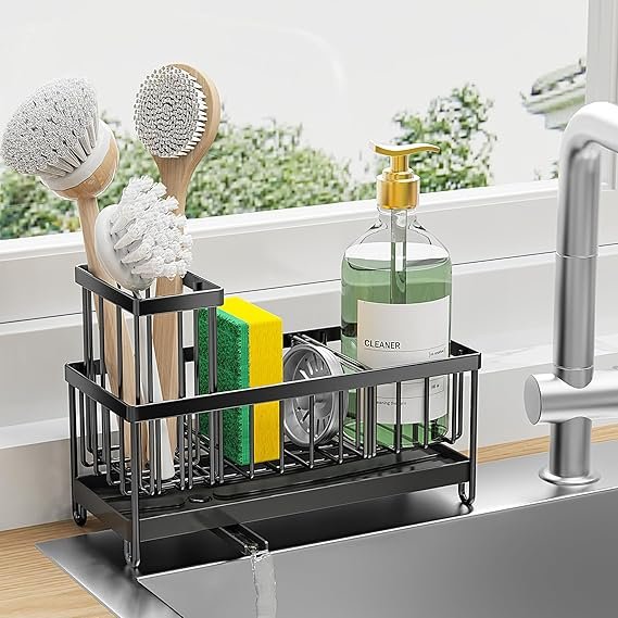 Cisily Black Sponge Holder for Kitchen Sink, Sink Caddy Organizer with High Brush Holder, Kitchen Countertop Organizers