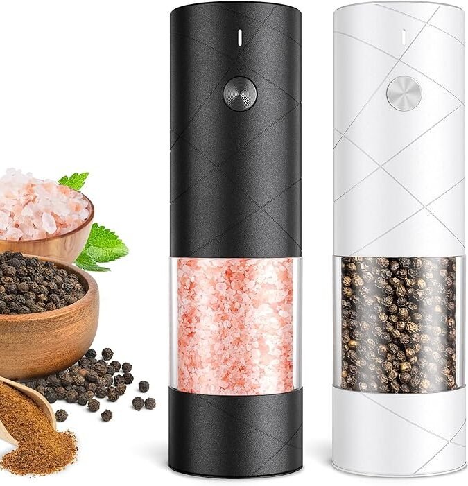 Electric Salt and Pepper Grinder Set, Rechargeable Automatic Pepper Mill Grinder with LED Light