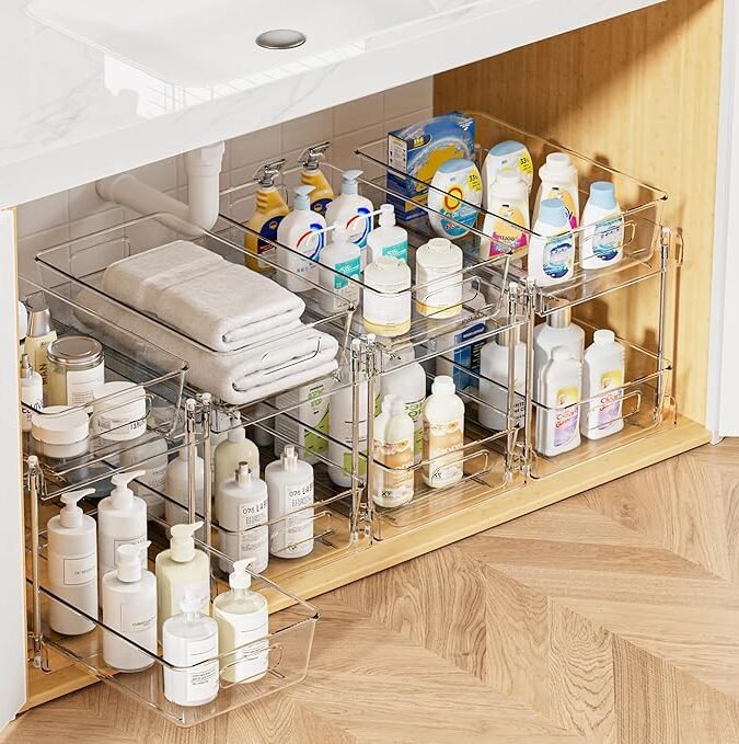 Vtopmart 4 Pack Bathroom Organizer, 2 Tier Clear Under Sink Organizers Vanity Countertop Storage