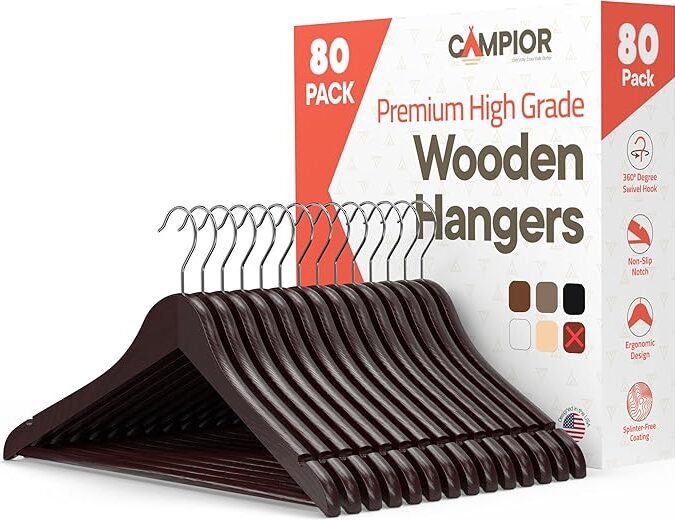 Cherry Wooden Hangers 80 Pack – Heavy-Duty with 360° Swivel Hook, Non-Slip, Pants Bar & Shoulder