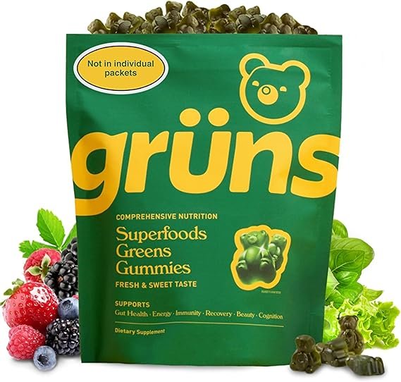Gruns Adult Super Greens Gummies - Superfood Gummy Bears with Spirulina, Chlorella