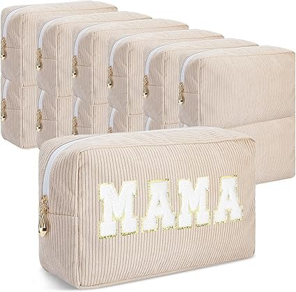 Amylove 12 Pcs Christmas Corduroy Makeup Bag Large Capacity Preppy Cosmetic Bag Bulk DIY Daily Use Plain Portable Makeup Pouch Travel Purse Organizer Storage for Women Xmas Gift(Beige)