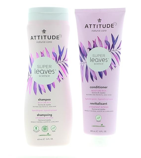 ATTITUDE Super Leaves Moisture Rich Shampoo & Conditioner Bundle With Quinoa, Vitamin B5, Jojoba, Indian Cress, Watercress & Jasmine, Guava, 16 + 8 Fl Oz, 2 Count