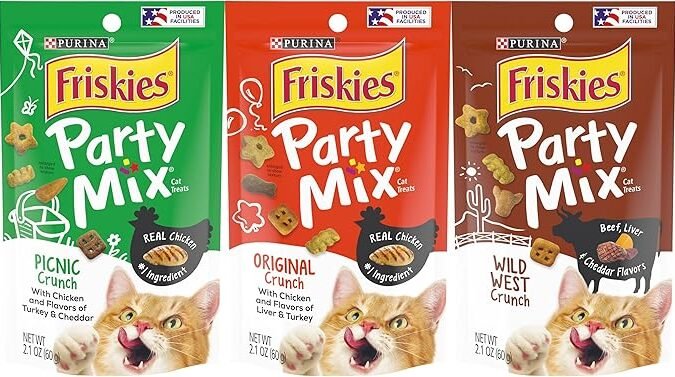 Friskies Purina Party Mix Cat Treats Variety Pack, 1 Pouch Picnic Crunch, 1 Pouch Original Crunch, 1 Pouch Wild West Crunch, 2.1 Ounce Pouches (Pack of 3)