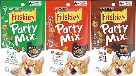Friskies Purina Party Mix Cat Treats Variety Pack, 1 Pouch Picnic Crunch, 1 Pouch Original Crunch, 1 Pouch Wild West Crunch, 2.1 Ounce Pouches (Pack of 3)